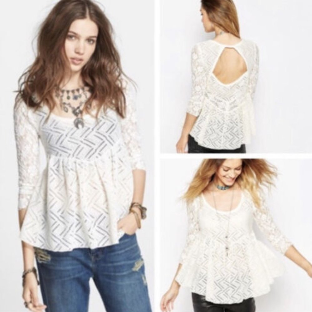 Free People Gracie Floral Lace Peplum Ivory Boho Keyhole Cutout Back Top Size XS